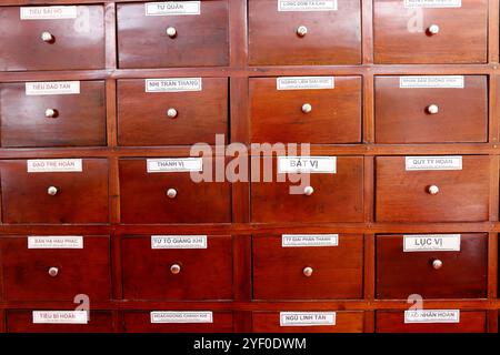 Farmacia vietnamita tradizionale. Cassetti in legno per medicinali. Foto Stock