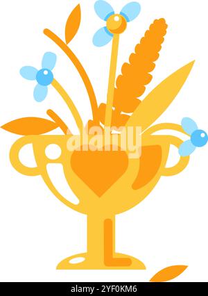 Illustrazione grafica vettoriale di un bouquet di fiori secchi in un vivace stile cartoni animati. Il bouquet è ospitato all'interno di un calice dorato. Natur fugace Illustrazione Vettoriale