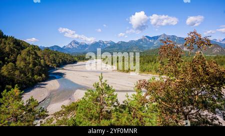 Vista panoramica del fiume Tagliamento da una foresta vicino a Villa Santina, Carnia, provincia di Udine, Friuli Venezia Giulia, Italia. Foto Stock