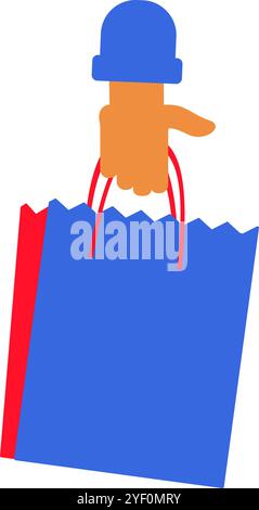 Illustrazione vettoriale di una mano che tiene in mano un pacchetto acquisti in stile cartoni animati. Festival della moda francese. Buon shopping e nuove acquisizioni. Il Illustrazione Vettoriale