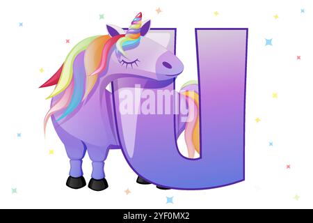 Cartone animato Unicorn e lettera U, carta per l'istruzione. L'animale inizia con la lettera U. carta dell'alfabeto animale. Lettera di apprendimento U card. Educazione dei bambini Illustrazione Vettoriale