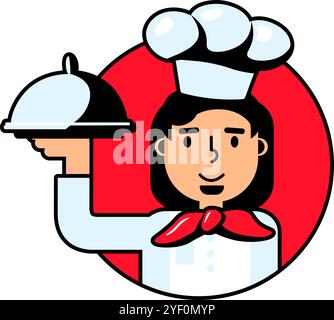 Illustrazione vettoriale di uno chef che tiene in mano un vassoio con la copertina in stile cartone animato. Il viso dello chef sorridente, l'entusiasmo per la cucina. Servizio ristorante Illustrazione Vettoriale