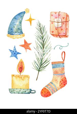 Serie di illustrazioni per il nuovo anno e il Natale. Set di decorazioni natalizie isolate su sfondo bianco. Illustrazione acquerello: Calzino, regalo Foto Stock