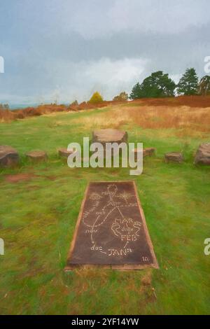 Un'illustrazione digitale della meridiana umana analematica Berkswich a Cannock Chase, Staffordshire, Inghilterra, Regno Unito. Foto Stock