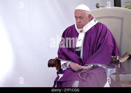 Città del Vaticano, Vatikanstadt. 2 novembre 2024. Papa Francesco conduce la messa Papale per la commemorazione di tutti i fedeli partiti al Cimitero Laurentino, cimitero alle porte di Roma, sabato 2 novembre 2024. Credito: dpa/Alamy Live News Foto Stock