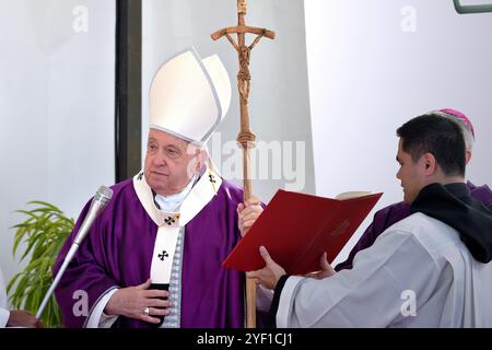 Città del Vaticano, Vatikanstadt. 2 novembre 2024. Papa Francesco conduce la messa Papale per la commemorazione di tutti i fedeli partiti al Cimitero Laurentino, cimitero alle porte di Roma, sabato 2 novembre 2024. Credito: dpa/Alamy Live News Foto Stock