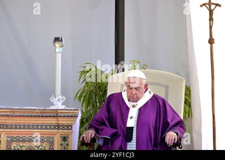 Città del Vaticano, Vatikanstadt. 2 novembre 2024. Papa Francesco conduce la messa Papale per la commemorazione di tutti i fedeli partiti al Cimitero Laurentino, cimitero alle porte di Roma, sabato 2 novembre 2024. Credito: dpa/Alamy Live News Foto Stock