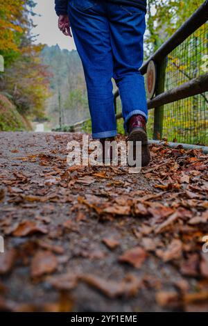 Donna con stivali rossi che cammina nel bosco con le foglie Foto Stock