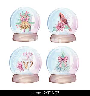 Set acquerello di globi da neve, agitatori a sfera in vetro. Cardinale rosso uccello, con brunch, bacche rosse e bouquet di fiori di punta rossa con verde agrifoglio Foto Stock