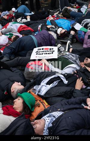 Londra, Regno Unito. 2 novembre 2024. Gli attivisti organizzano un die-in fuori Downing Street che rappresenta le vittime delle guerre israeliane a Gaza, in Cisgiordania occupata e in Libano, mentre diverse migliaia di sostenitori palestinesi tengono la 22a marcia nazionale per la Palestina dall'ottobre 2023. Organizzata dalla campagna di solidarietà della Palestina, Stop the War Coalition, Friends of al-Aqsa e The Muslim Association of Britain, la protesta si è radunata a Whitehall prima di marciare verso l'ambasciata degli Stati Uniti chiedendo un cessate il fuoco immediato, e la fine del supporto britannico e statunitense e delle vendite di armi a Israele. Crediti: Ron Fassbender/Alamy Live News Foto Stock