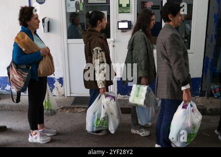 Madrid, Spagna. 2 novembre 2024. Un gruppo di donne porta borse con donazioni. Madrid apre 22 punti di raccolta per gli aiuti destinati a Valencia: Dove è possibile donare cibo, abbigliamento e articoli per la casa. Il Consiglio comunale di Madrid ha istituito un proprio consiglio e spazi nei suoi 21 distretti per la consegna di beni di prima necessità. Possono anche essere depositati in 22 stazioni di polizia municipali. Credito: SOPA Images Limited/Alamy Live News Foto Stock