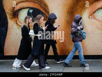 Londra, Regno Unito. 2 novembre 2024. Si sono formate lunghe code per l'ingresso alla National Gallery, con i visitatori che aspettano pazientemente lungo la recinzione temporanea che presenta immagini colorate. Il museo attualmente mostra una mostra di Van Gogh, così come altre collezioni. Crediti: Imageplotter/Alamy Live News Foto Stock