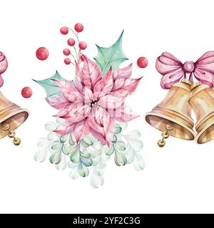 Acquerello natalizio bordo senza cuciture - bouquet di fiori di punta rossa, composizioni con foglie verdi di agrifoglio, bacche rosse. Jingle campane dorate con fiocco Illustrazione Vettoriale