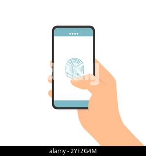 Tenere a mano il telefono cellulare con l'impronta digitale sul display Illustrazione Vettoriale