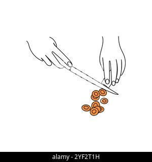 Le mani tagliano la carota con un coltello. Art. Linea. Illustrazione vettoriale disegnata a mano. Illustrazione Vettoriale