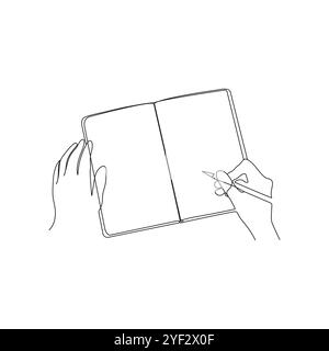 Scrivere le mani sul taccuino, tenendo una penna. Arte su una linea. Firma a mano su carta. Illustrazione vettoriale Illustrazione Vettoriale