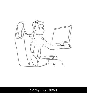 Uomo che impara o lavora online. Arte su una linea. Una programmazione sviluppatore. Il codificatore al lavoro remoto da casa. Concetto di lavoro e formazione online. Illustrazione Vettoriale