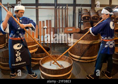 Il Museo della fabbrica di sake Hakutsuru (White Crane) mostra il tradizionale processo di produzione del sake nel quartiere di Nada a Kobe, in Giappone. Foto Stock