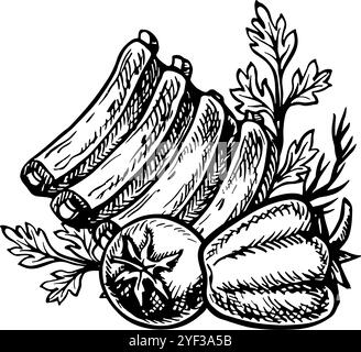 Costolette con verdure. Grafica vettoriale con immagine barbecue. Un'illustrazione in bianco e nero del piatto disegnata a mano. Su sfondo bianco. Per un menu, p Illustrazione Vettoriale