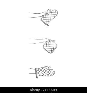 Guanto da forno. Portacialde protettivo dello chef. Art. Linea. Guanto per cucinare il cibo. Accessori per la cucina. Illustrazione vettoriale disegnata a mano. Illustrazione Vettoriale