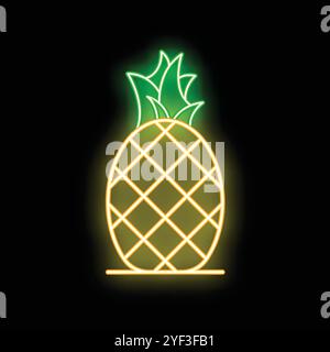 Il segno neon di un ananas maturo si illumina su uno sfondo nero Illustrazione Vettoriale