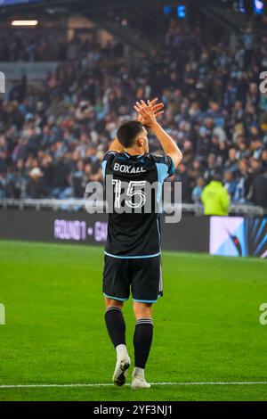 2 novembre 2024: Il difensore del Minnesota United Michael Boxall (15) festeggia dopo una partita di calcio dei playoff della MLS Cup tra il Real Salt Lake e il Minnesota United FC tenutasi all'Allianz Field di St. Paul, Minnesota. Steven Garcia-CSM. Foto Stock