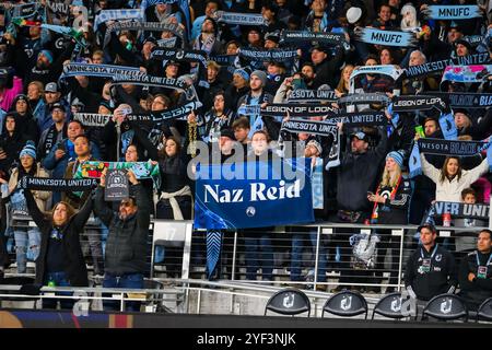 2 novembre 2024: I tifosi reagiscono alla vittoria del Minnesota United dopo una partita di calcio dei playoff tra il Real Salt Lake e il Minnesota United FC tenutasi all'Allianz Field di St. Paul, Minnesota. Steven Garcia-CSM. Foto Stock