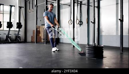 Atleta che fa esercizio di pull in palestra. Allenamento da slitta Foto Stock