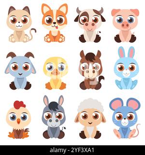 Illustrazione vettoriale del set di personaggi Cartoon cute Farm Animals Sit Illustrazione Vettoriale
