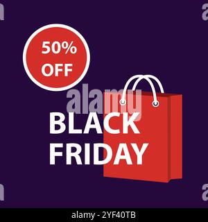 Sfondo neon Black Friday con sconto del 50%. Illustrazione vettoriale o design promozionali, vendite al dettaglio e campo pubblicitario accattivante Illustrazione Vettoriale