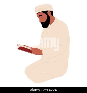 L'uomo musulmano legge Corano. Celebrazione del Ramadan Mubarak. Tradizionale festa musulmana. Illustrazione Vettoriale