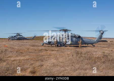 Un elicottero MH-60S Sea Hawk attaccato ai Blackjack dell'Helicopter Sea Combat Squadron (HSC) 21, e un elicottero AH-1Z Viper, attaccato ai Marine Foto Stock