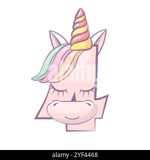 Cartone animato numero 4 come Unicorn, figura quattro. Cartone animato di numero con un concetto animale. Calligrafia, lettere, tipografia per le schede didattiche Illustrazione Vettoriale