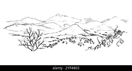 Paesaggio di montagne, piante di uva edera foglie alberi, pascolo vista alpina disegnato a mano in inchiostro, isolato su bianco. Illustrazione per Illustrazione Vettoriale