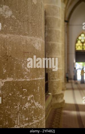 La luce del sole scorre attraverso le vetrate colorate, illuminando le colonne di pietra intemprata in un interno senza tempo della cattedrale. Foto Stock