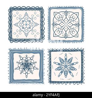 Set di adesivi vintage con ornamenti retrò. Illustrazione della collezione disegnata a mano vettoriale isolata su sfondo bianco. Illustrazione Vettoriale