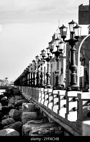 Vista monocromatica dei semafori allineati lungo il lungomare Nazario Sauro a Bari, in Italia, che mette in risalto l'architettura classica. Foto Stock