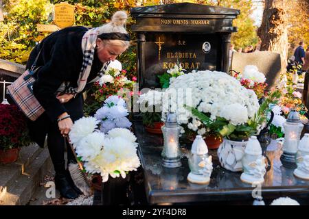 Breslavia, Breslavia, Polonia. 1 novembre 2024. Il 1° e 2 novembre, i cattolici in Polonia osservano la giornata di tutti i Santi e la giornata di tutte le anime. È il momento di visitare le tombe dei propri cari, le candele luminose e i fiori giacenti. Folle di residenti della città visitano i cimiteri per ricordare e onorare i loro familiari e amici deceduti. (Credit Image: © Krzysztof Zatycki/ZUMA Press Wire) SOLO PER USO EDITORIALE! Non per USO commerciale! Foto Stock