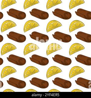 Fette di limone e bastoncini di cannella motivo senza cuciture in pop art alla moda Informazioni sullo sfondo o sullo sfondo. Avvolgimento di illustrazioni vettoriali isolate o Web, poster, banner, brochure, schede, etichetta prezzo, etichetta Illustrazione Vettoriale