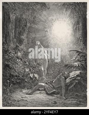 Eva fu creata da Dio prendendo lei dalla costola di Adamo come sua compagna (Genesi 2:18) Antico Testamento. Illustrazione della bibbia antica di Gustave Dore (1832–1883) Foto Stock