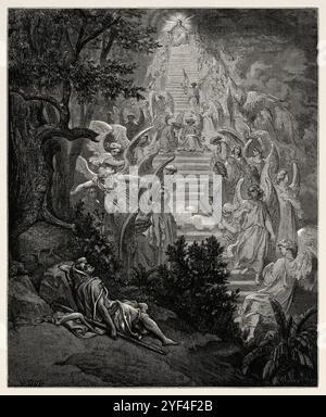 Il sogno di Jacob. Mentre dorme, Giacobbe riceve un sogno da Dio che cambia la sua vita. Vede una grande struttura come una scala, una torre o una scala, che si estende dalla terra al cielo (Genesi 28:12) lungo tutta questa scala vede gli angeli salire e scendere su di essa. Allora la voce di Dio suona mentre parla a Giacobbe. Vecchio Testamento. Illustrazione della bibbia antica di Gustave Dore (1832–1883) Foto Stock