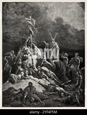 Mosè fece un serpente di bronzo e lo mise su un palo. Vecchio Testamento. Illustrazione della bibbia antica di Gustave Dore (1832–1883) Foto Stock