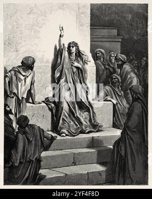 Deborah, profetessa ebraica che ha liberato il suo popolo da Jabin, re di Canaan e dal suo generale Sisera, cantando la sua canzone di trionfo (giudici 5:1) Antico Testamento. Illustrazione della bibbia antica di Gustave Dore (1832–1883) Foto Stock