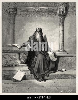 Re Salomone che scrive i proverbi. Vecchio Testamento. Illustrazione della bibbia antica di Gustave Dore (1832–1883) Foto Stock