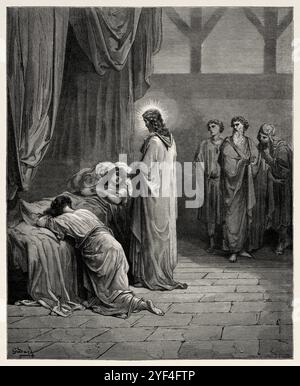 Il risveglio della figlia di Jairus dalla morte. Nuovo Testamento. Illustrazione della bibbia antica di Gustave Dore (1832–1883) Foto Stock