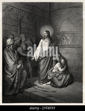 Cristo e la donna adultera. Gesù difende la donna presa in adulterio (Giovanni 7:53–8:11) nuovo Testamento. Illustrazione della bibbia antica di Gustave Dore (1832–1883) Foto Stock