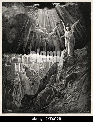 L'angelo mostra Gerusalemme a San Giovanni. Rivelazione San Giovanni Evangelista. La visione della Gerusalemme celeste. Nuovo Testamento. Illustrazione della bibbia antica di Gustave Dore (1832–1883) Foto Stock