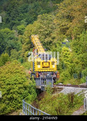 La gru gialla di Leonhard Weiss lavora su una linea ferroviaria, circondata da natura lussureggiante e alberi, costruzione di binari, Hermann Hessebahn, Calw, Black Fore Foto Stock