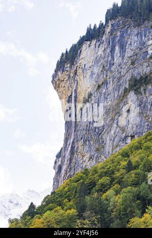 Una sottile cascata si riversa su una scogliera rocciosa, fiancheggiata da una fitta foresta dai colori autunnali, Lauterbrunnen, Svizzera, Europa Foto Stock