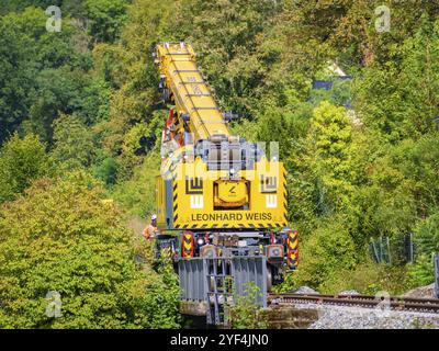 Gru gialla di Leonhard Weiss su una linea ferroviaria che opera in una zona boscosa, costruzione di binari, Hermann Hessebahn, Calw, Foresta Nera, Germania, Europ Foto Stock